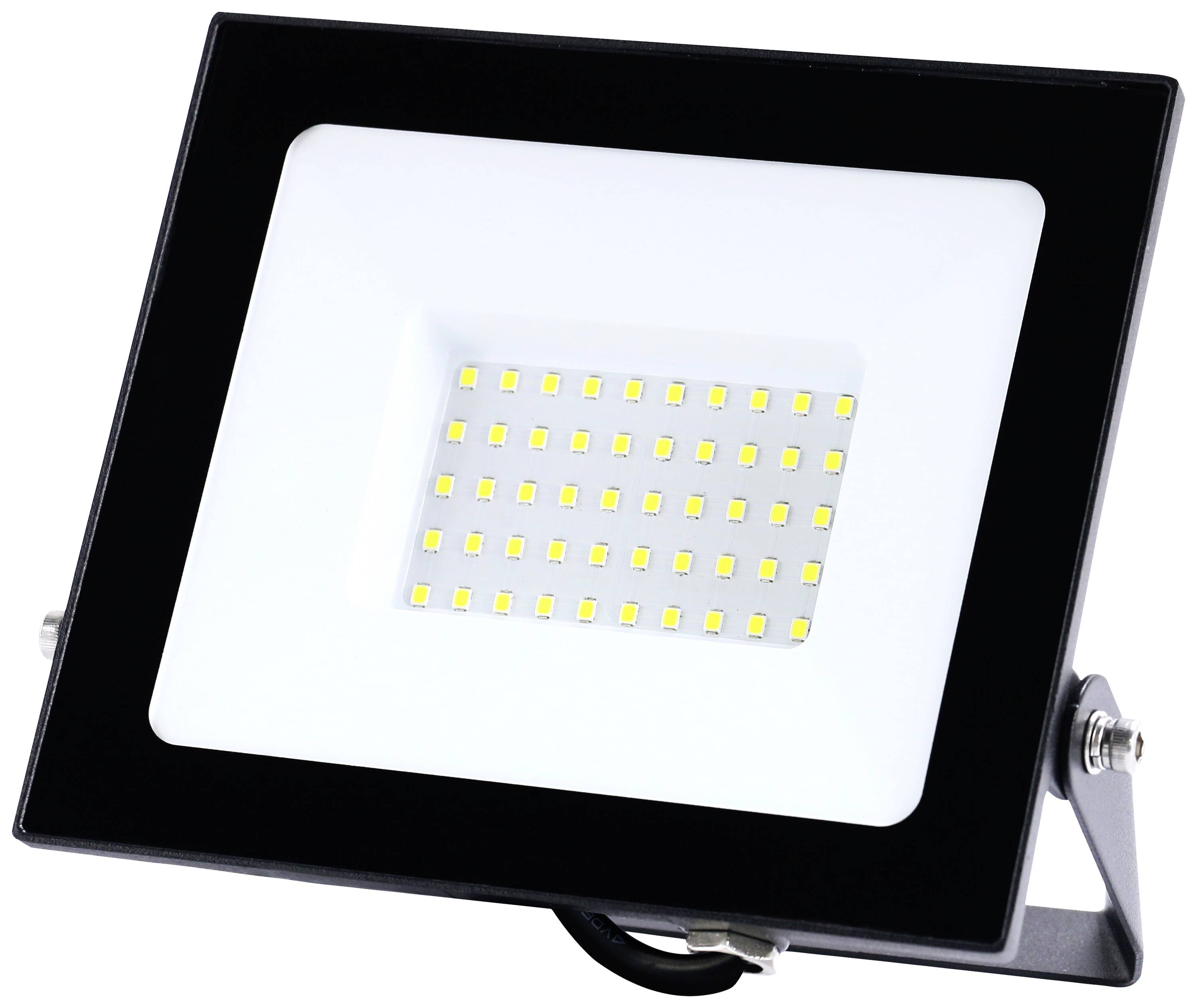 Obdélníkový LED reflektor s černým rámečkem a mnoha malými svítícími LED body uvnitř.