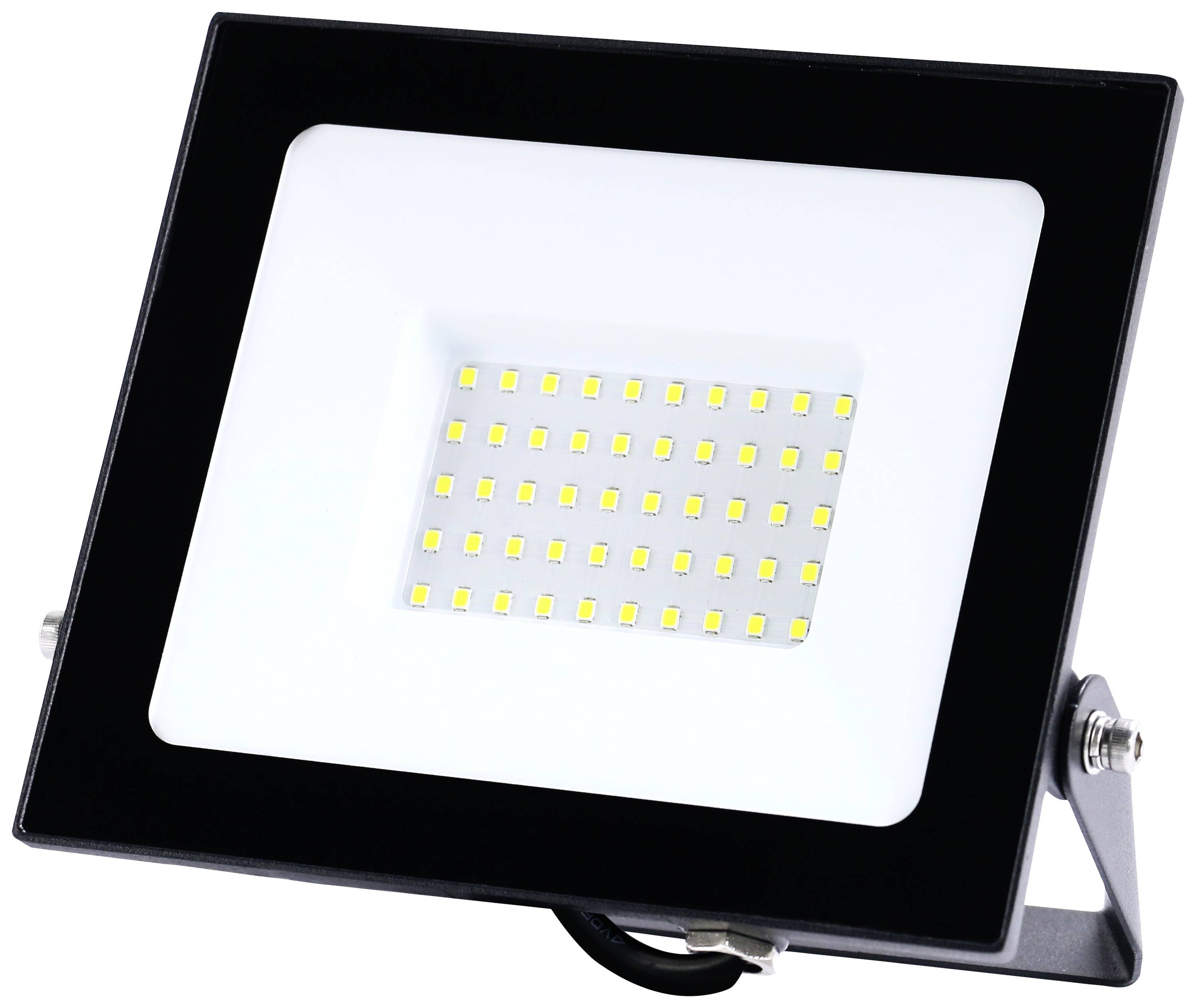 Obdélníkový LED reflektor s černým rámem a mnoha malými svítícími LED diodami uprostřed, umístěný na stativu.