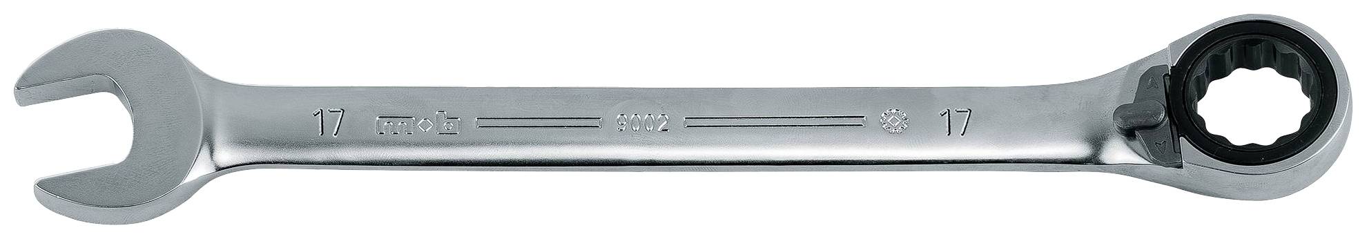 Stříbrný očkoplochý klíč velikosti 17 s jednostranným a oboustranným profilem, vyrobený z kovu.