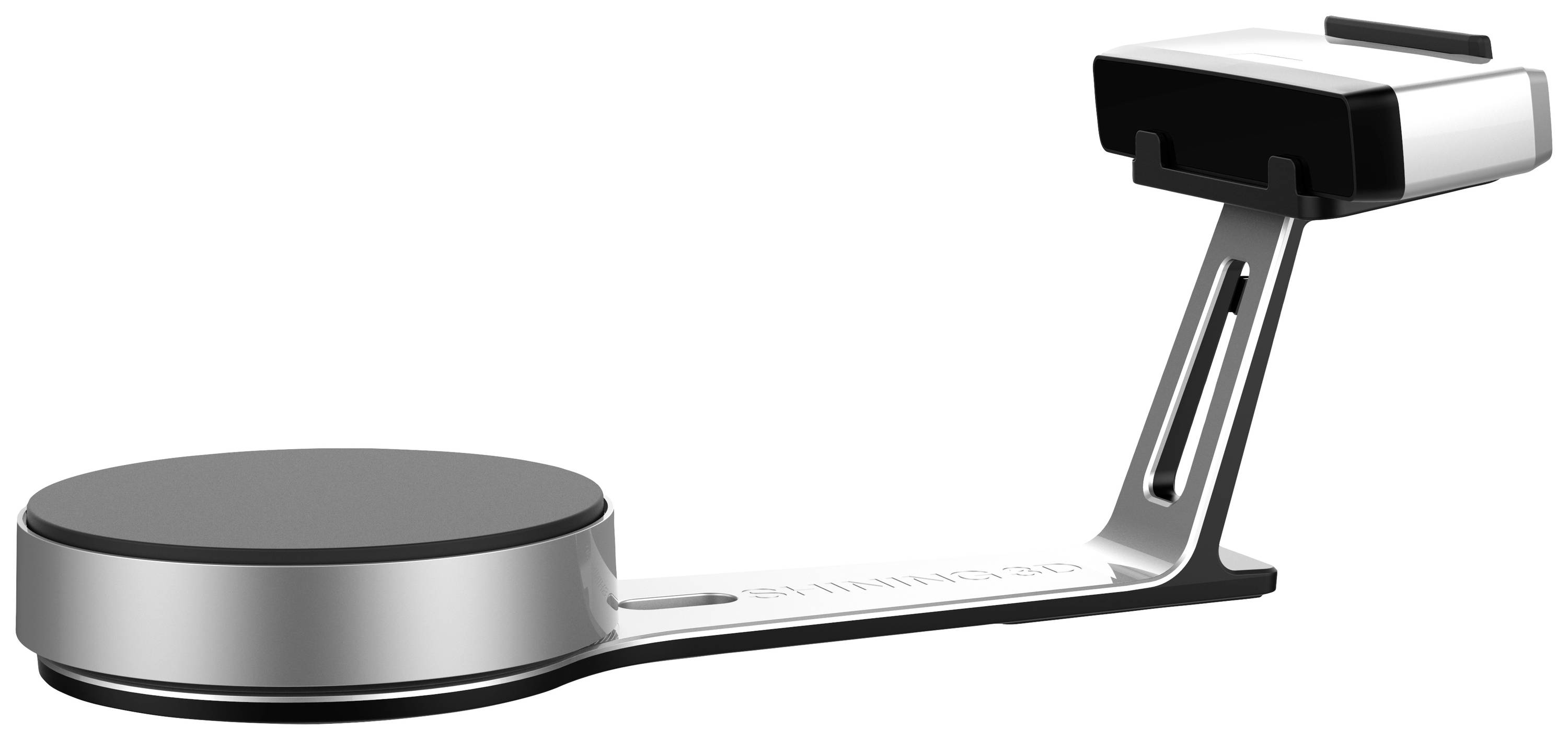 Moderní, stříbrný stojan na sluchátka s černou základnou. Stojan má minimalistický design a je určen k zavěšení sluchátek nahoře.