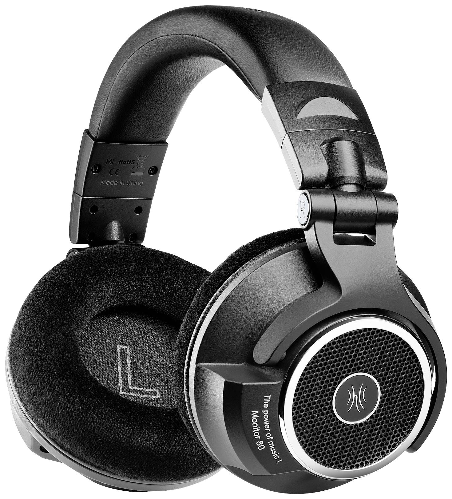 Černá over-ear sluchátka s perforovanými mušlemi a polstrovaným hlavovým páskem, prezentovaná na bílém povrchu.