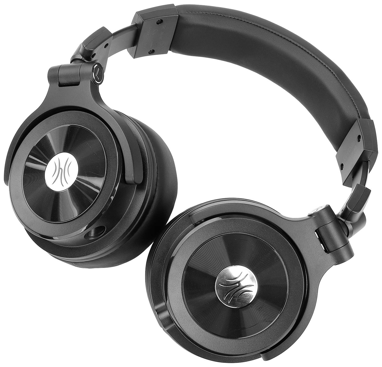 Černá bezdrátová sluchátka s polstrovanou čelenkou a kulatými mušlemi. Mají jednoduché, moderní designové provedení.