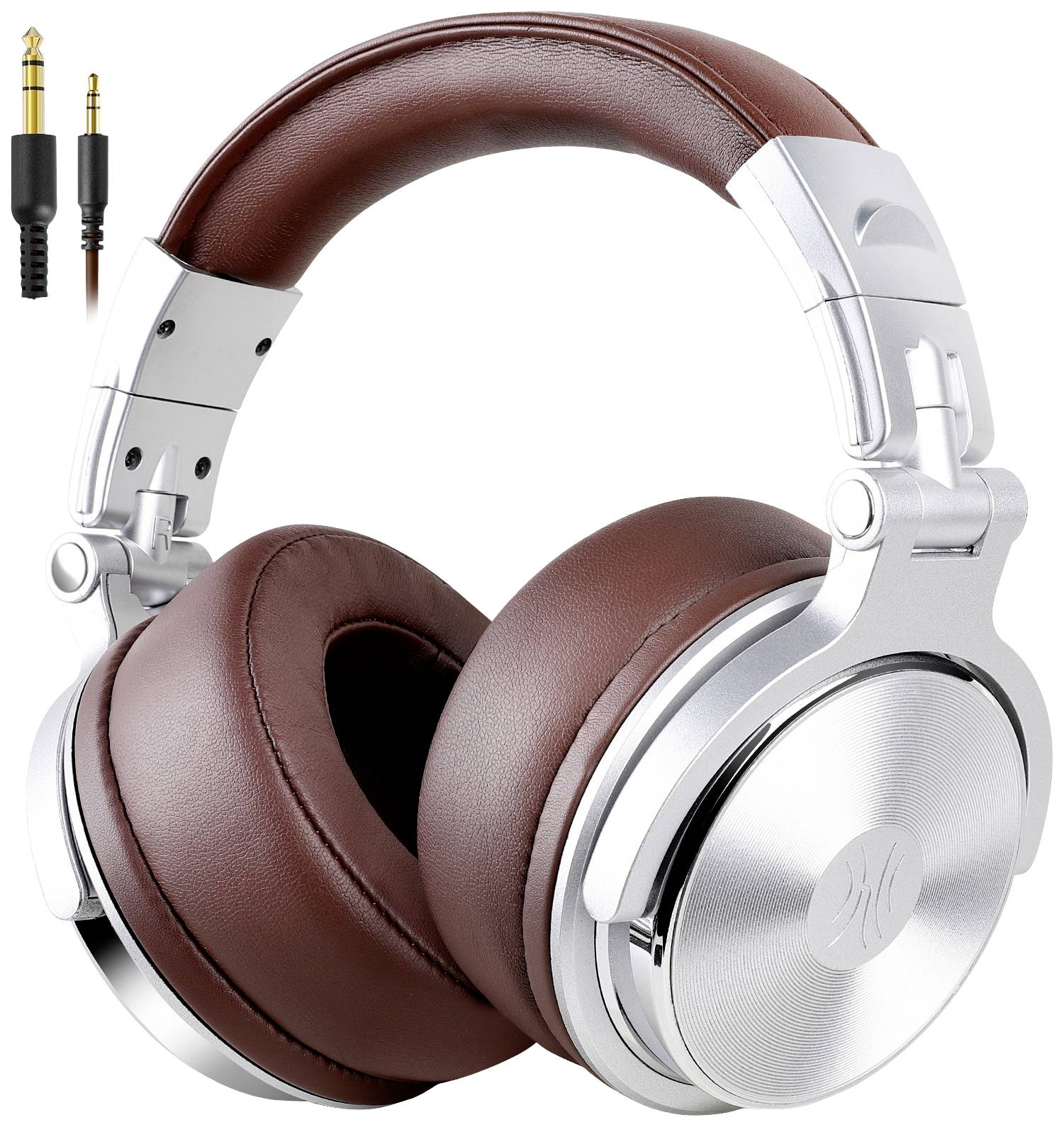 Stříbrné a hnědé over-ear sluchátka s polstrovanými mušlemi, propojené nastavitelným hlavovým mostem. Obsahuje adaptér pro jack konektor.