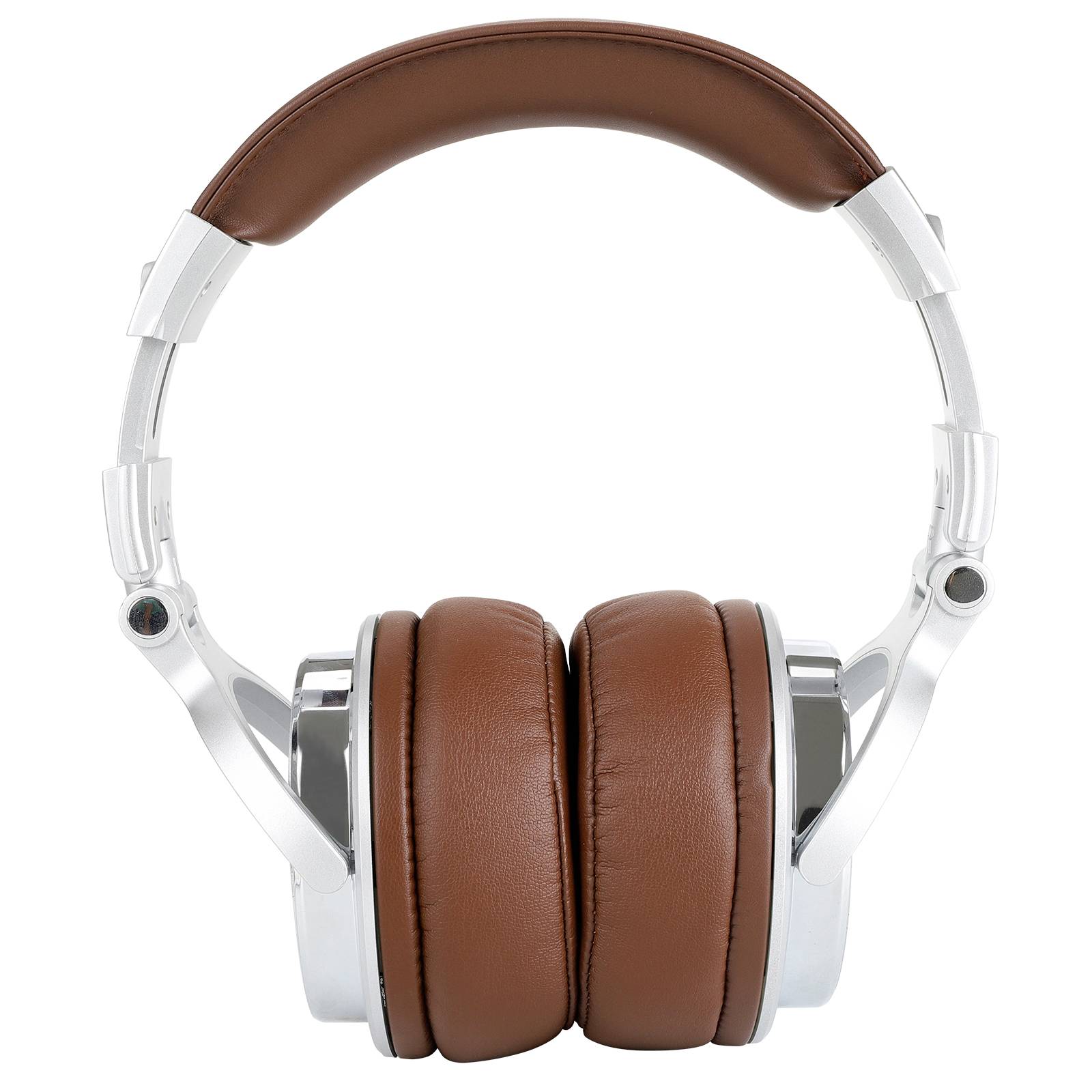 Hnědé over-ear sluchátka se stříbrnými detaily, pohled zepředu. Jsou umístěna na bílém pozadí.