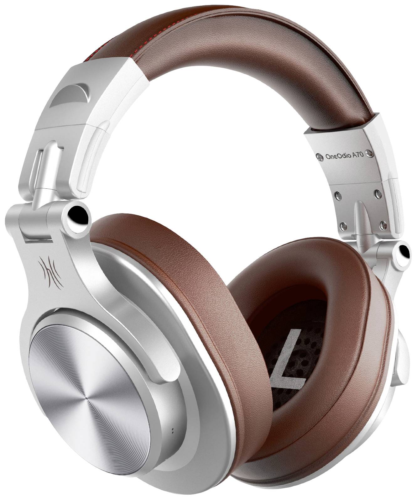 Stříbrné over-ear sluchátka s hnědými koženými měkkými náušníky, které poskytují pohodlí a stylový design pro požitek z hudby.