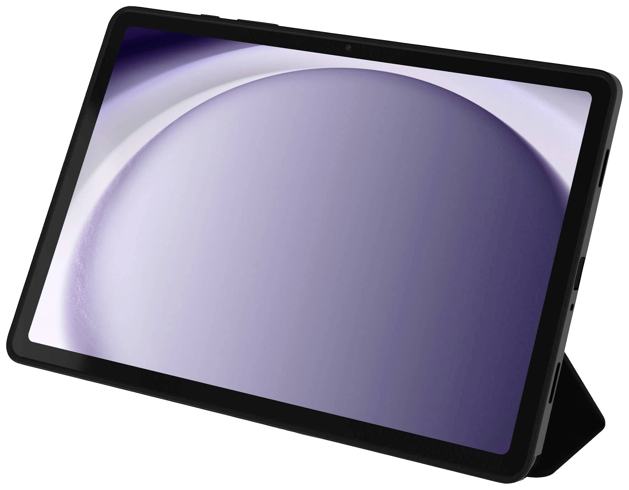 Tablet s černým rámečkem, zobrazené pod úhlem. Obrazovka ukazuje abstraktní fialovo-bílý vzor.