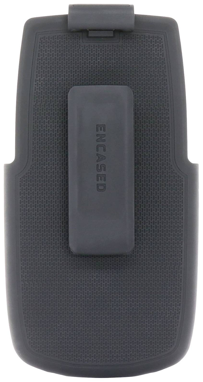 Černý obal na mobilní telefon s klipem na opasek, na zadní straně je nápis 'ENCASED'.