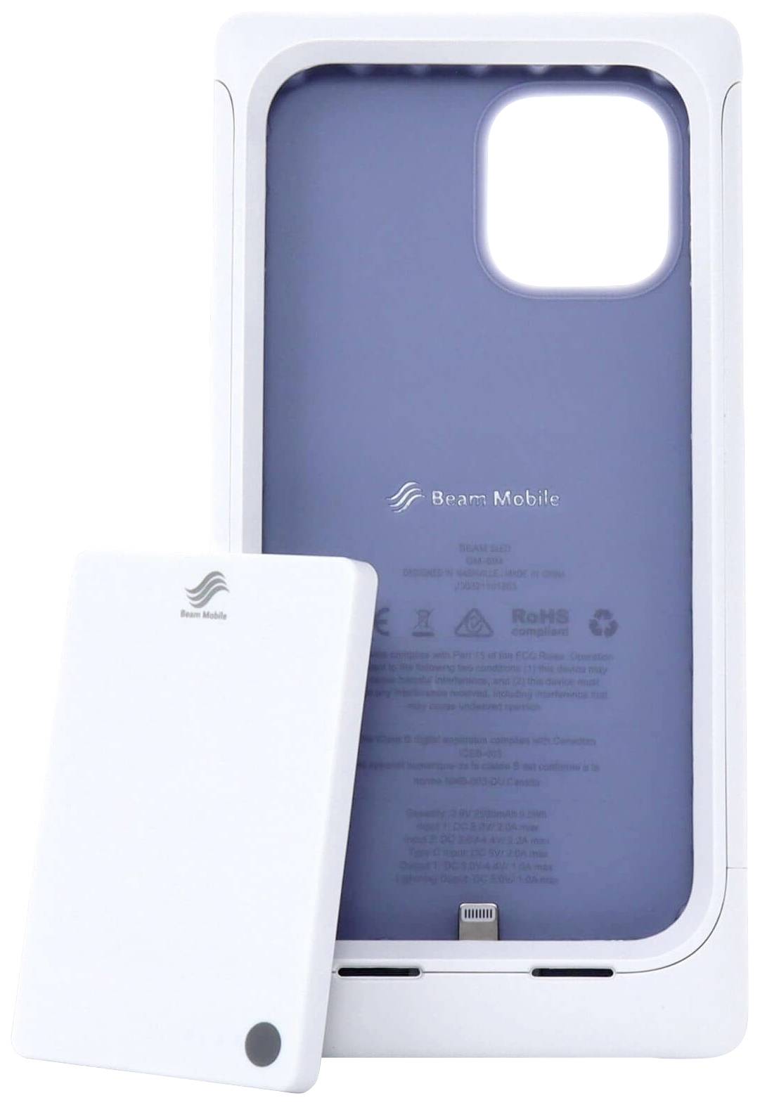 Obal a baterie pro smartphone s logem 'Beam Mobile', kompatibilní s konkrétním modelem smartphonu. Pozadí v bílé a fialové barvě.