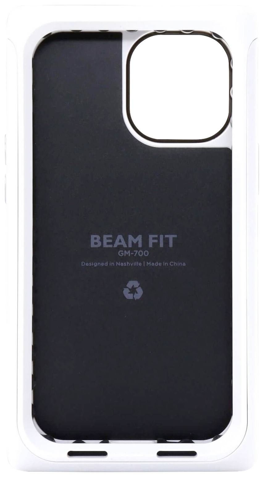 Obal na iPhone značky 'BEAM FIT', model GM-700, barva bílá, s otvory pro kameru a konektory. Navrženo v Nashville, vyrobeno v Číně.