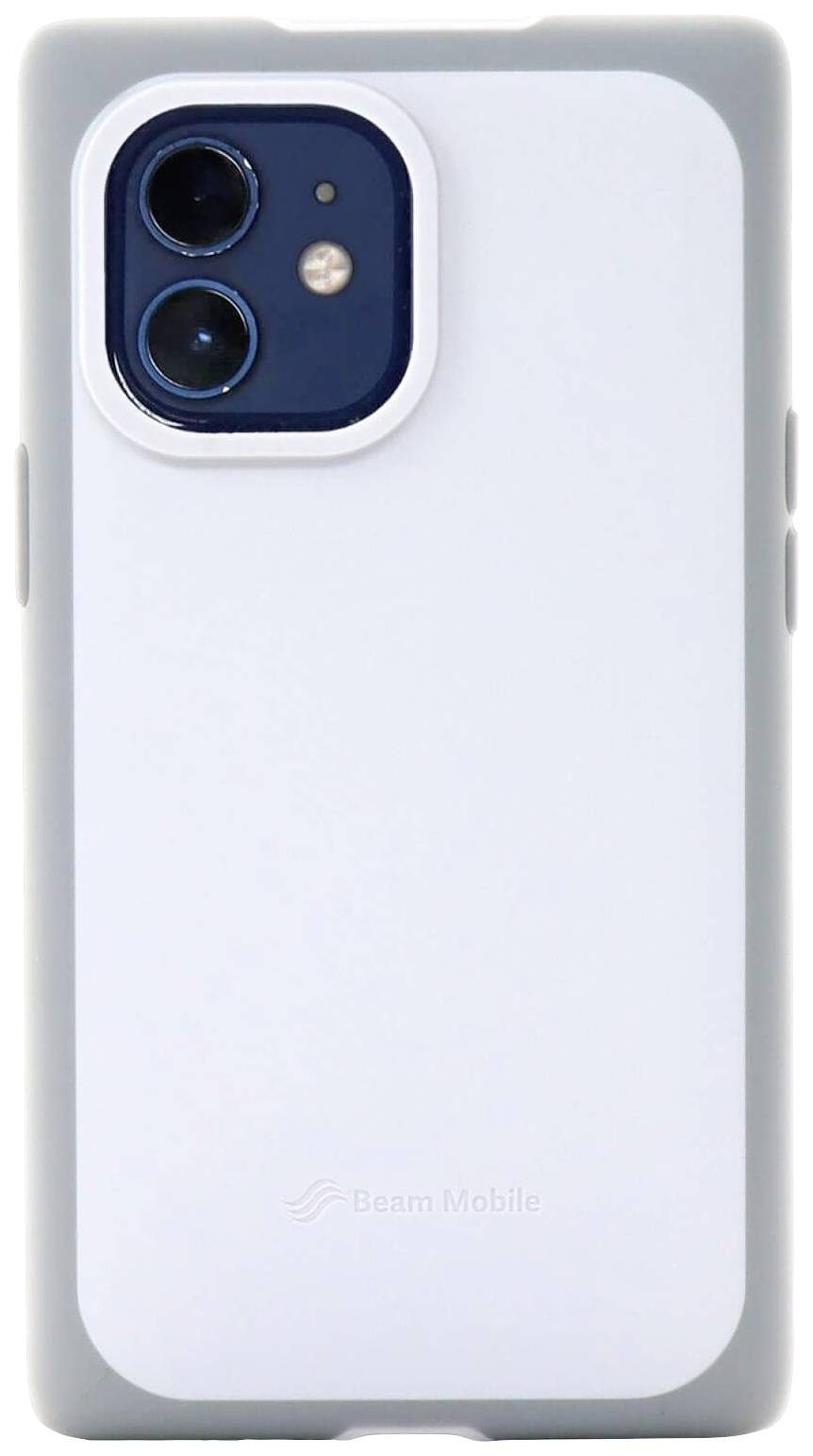 Smartphone s jednoduchou bílou krytkou, dvojitým fotoaparátem a logem 'Beam Mobile' dole.