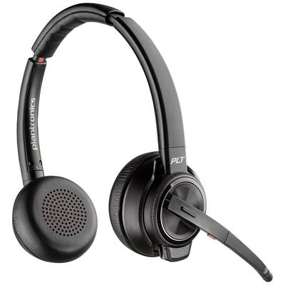 Černá bezdrátová sluchátka Plantronics s mikrofonem, vhodná pro telefonní hovory a poslech hudby.