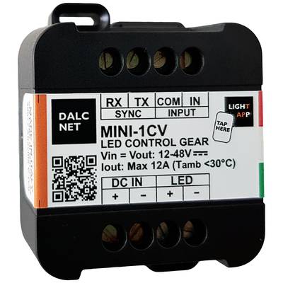Černé obdélníkové zařízení s nápisem 'MINI-1CV LED Control Gear'. Napětí: 12-48V, proud: max. 12A, s DC IN a LED konektory.