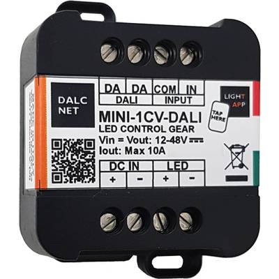 Elektronické zařízení pro ovládání LED, model 'MINI-1CV-DALI', s vstupními/výstupními konektory a QR kódem pro integraci do aplikace.