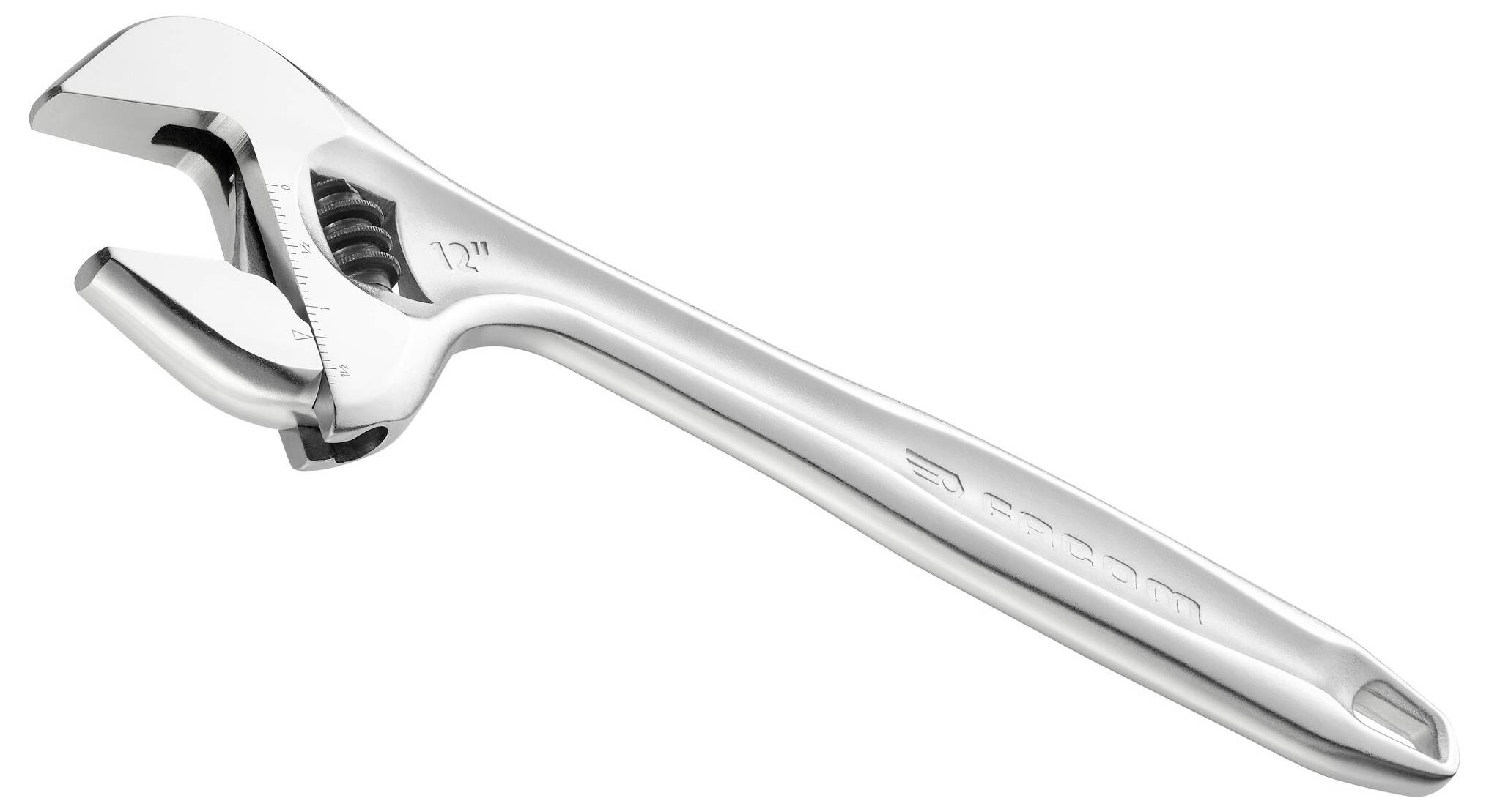 Stříbrný nastavitelný klíč s ozubeným mechanismem na bílém pozadí.