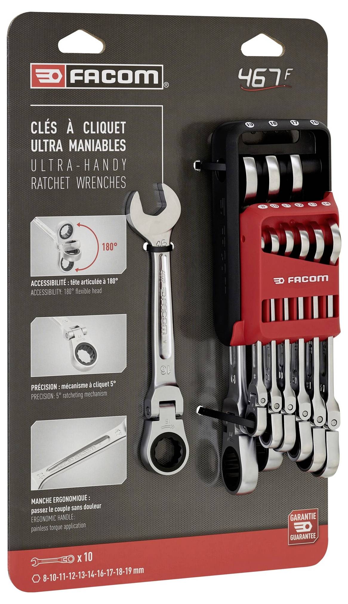 'Sada ráčnových klíčů s držákem. Obsahuje 10 kusů v různých velikostech. Označeno jako ultra praktické a přesné.'