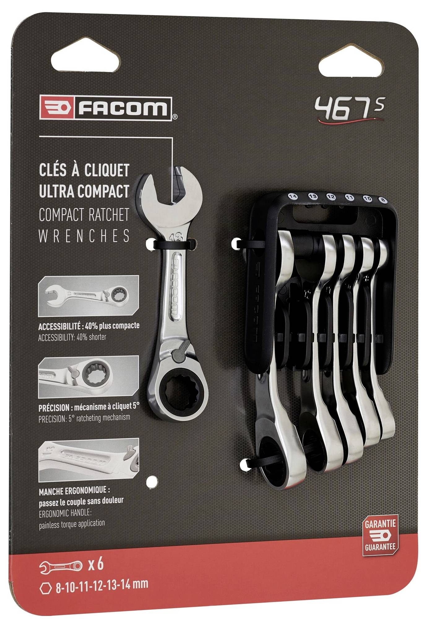 Balení kompaktních ráčnových klíčů (467S) od firmy Facom, zobrazující šest klíčů v různých velikostech s ergonomickou rukojetí.