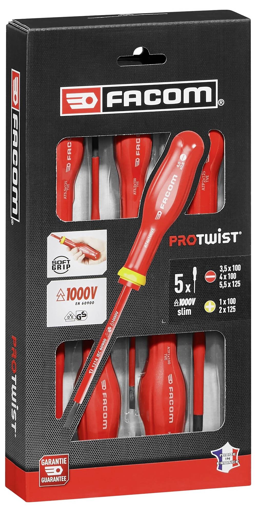 Sada izolovaných šroubováků Facom PROTWIST v balení. Vhodné do 1000V. Obsahuje různé velikosti.