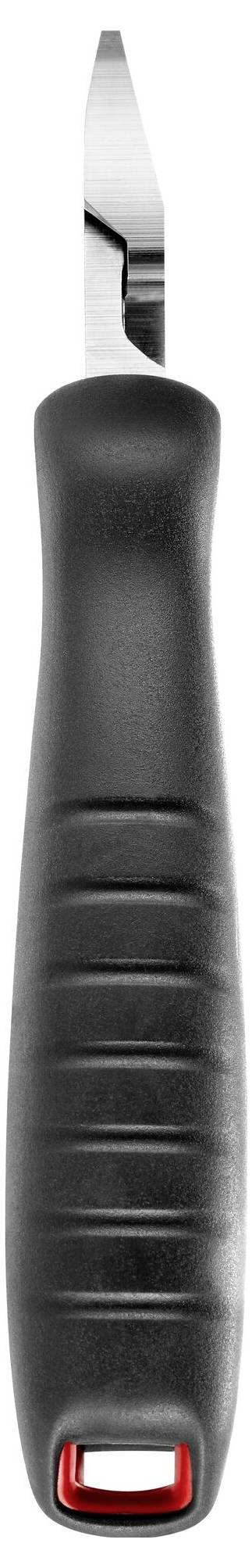 Černý kuchyňský nůž s úzkou, lesklou čepelí a ergonomickou rukojetí pro přesné krájení.