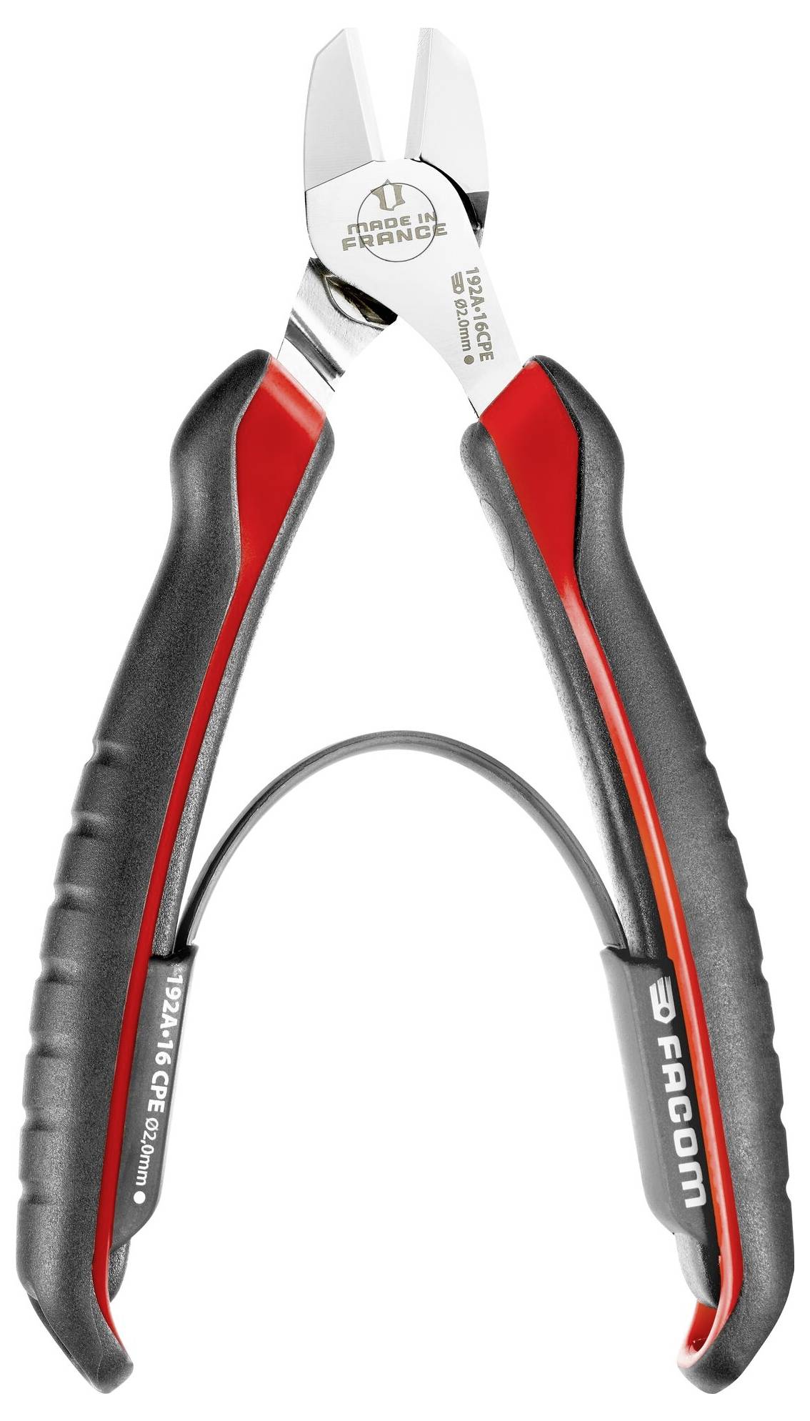 Zobrazené kleště jsou černé s červenými rukojeťmi. Jsou tvarované jako boční štípací kleště a hodí se pro přesné stříhání drátů.