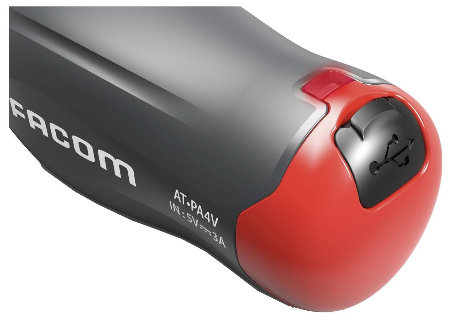 Šedé a červené zařízení s USB portem, s nápisem 'FACOM' a technickými specifikacemi.