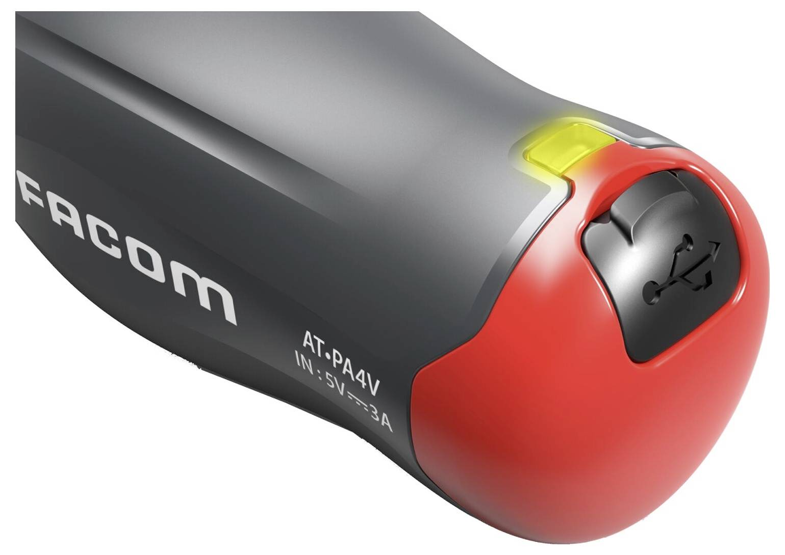 'Přenosná nabíječka s USB portem, šedé pouzdro s červeným koncem, název značky FACOM a vytištěné číslo modelu AT-PA4V.'