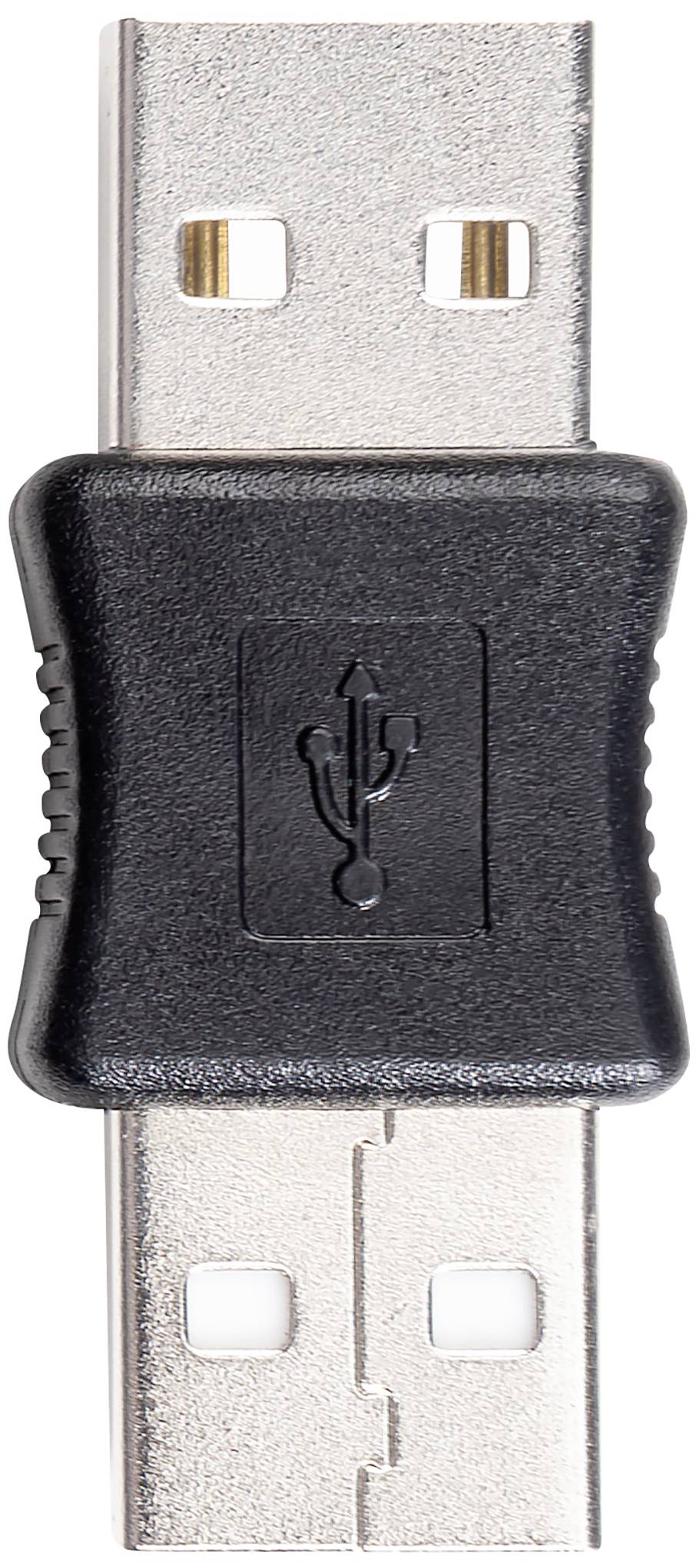 USB adaptér s černým plastovým pouzdrem, zobrazuje USB symbol, propojuje dva USB konektory.