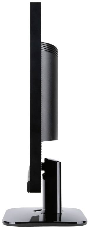 Boční pohled na štíhlý černý počítačový monitor umístěný na obdélníkovém stojanu. Obrazovka nezobrazuje žádný obsah.