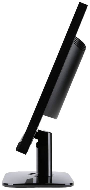 Černý počítačový monitor stojí z profilu na psacím stole, má štíhlý design a je lehce nakloněn dozadu.