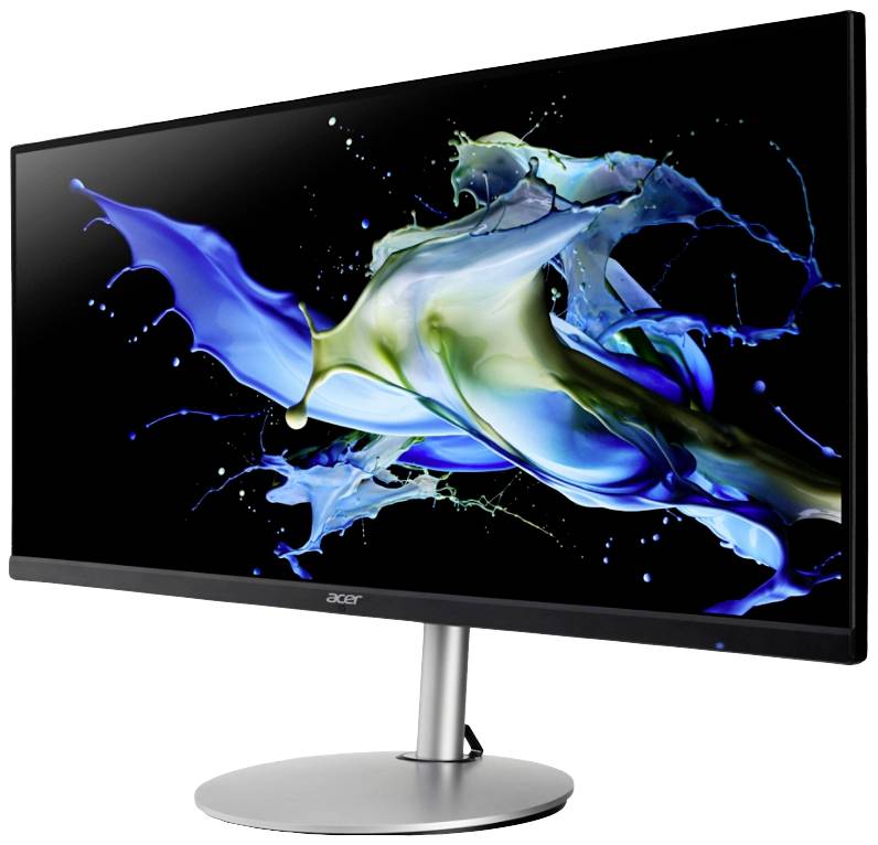 Širokoúhlý počítačový monitor s živým modrým a zeleným barevným motivem na černém pozadí. Moderní, štíhlý design.