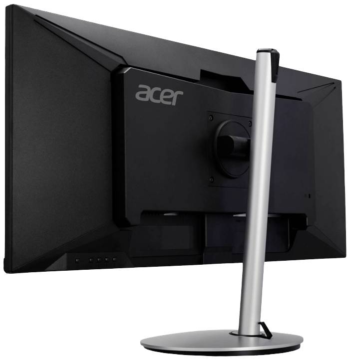 Monitor značky Acer, zachycený zezadu. Obrazovka má stříbrnou, kulatou podpěru a matný černý design.
