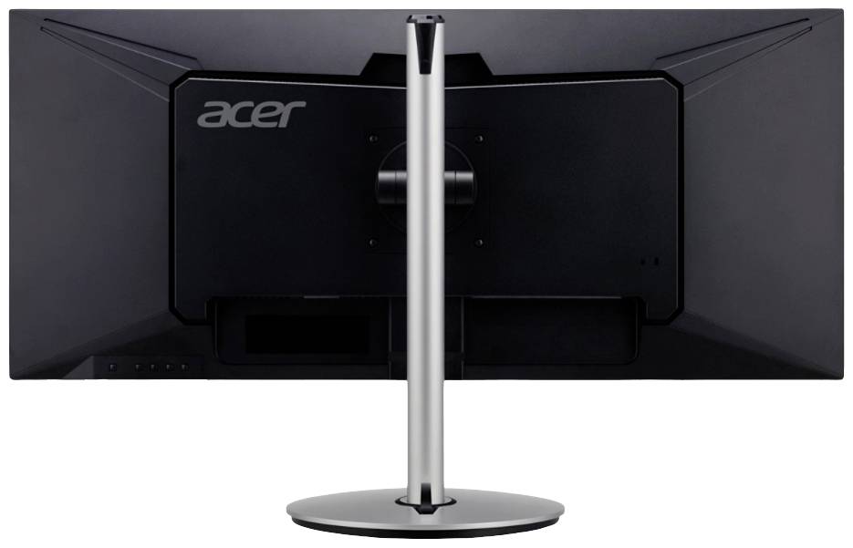 Pohled zezadu na monitor Acer s černým tělem a stříbrným stojanem.