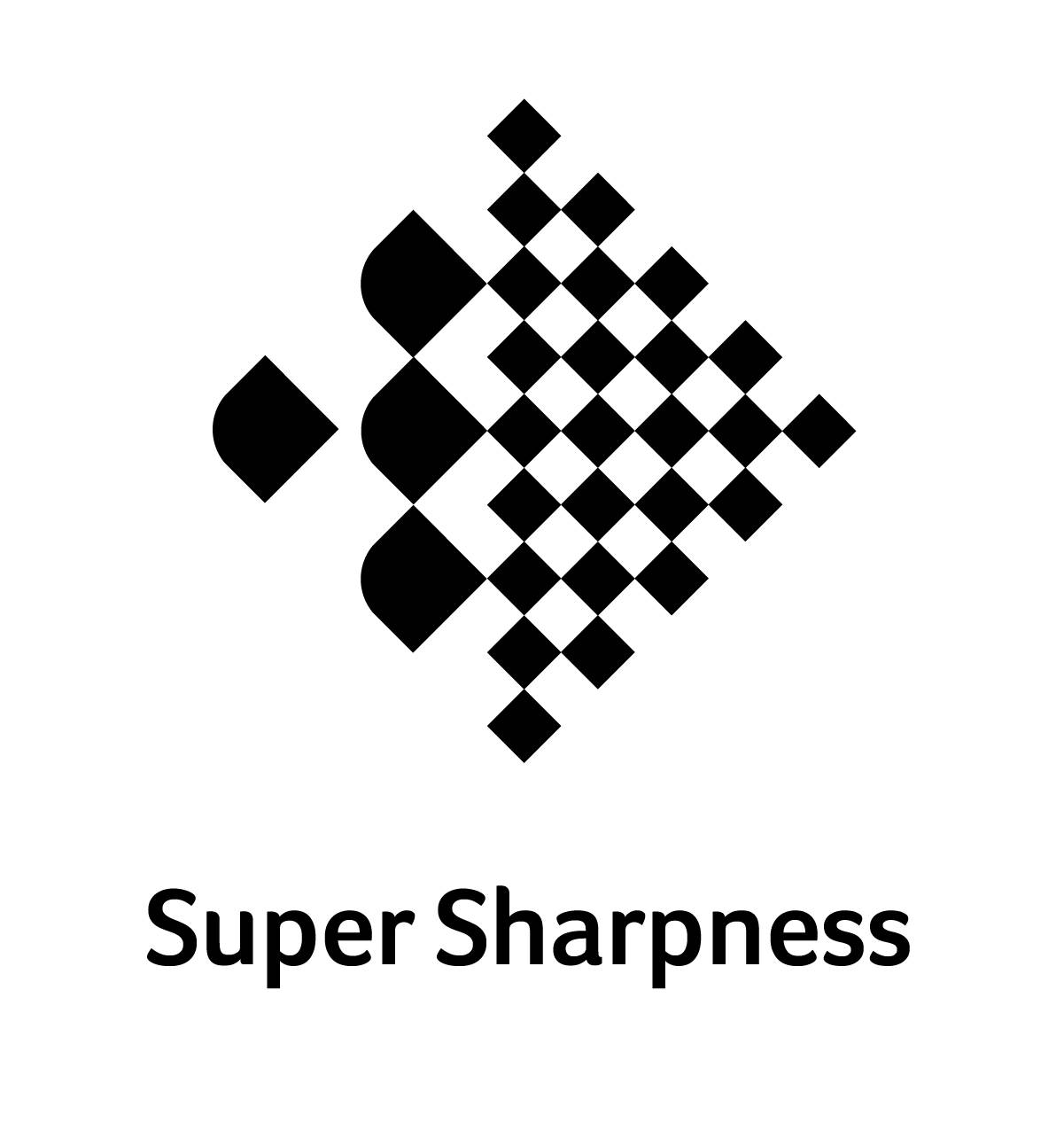 Černé diamantovité logo složené z malých čtverců nad textem "Super Sharpness" na bílém pozadí.