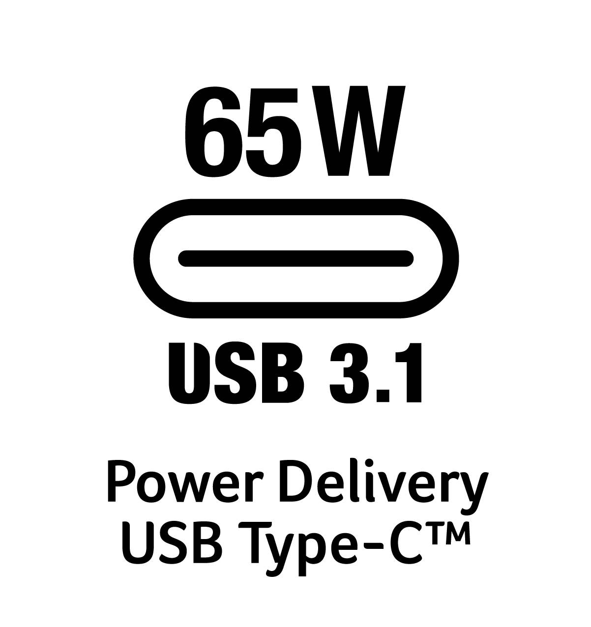 65W USB 3.1 Power Delivery USB Type-C štítek s ikonou portu USB-C, který označuje podporu nabíjení a výstup napájení.