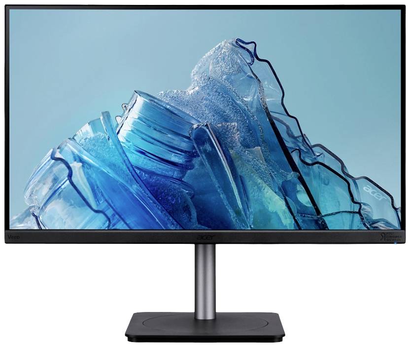 Monitor zobrazující obraz štosovaných modrých skleněných lahví na modrém pozadí.