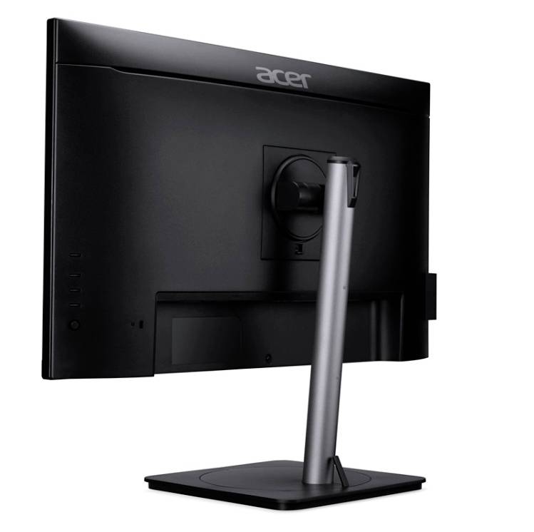Černý počítačový monitor značky Acer, pohled zezadu s pevnou podstavou.
