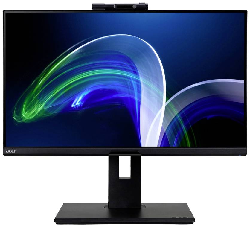 Plochý monitor značky Acer s černým rámečkem zobrazuje dynamický, abstraktní obraz v odstínech modré a zelené.