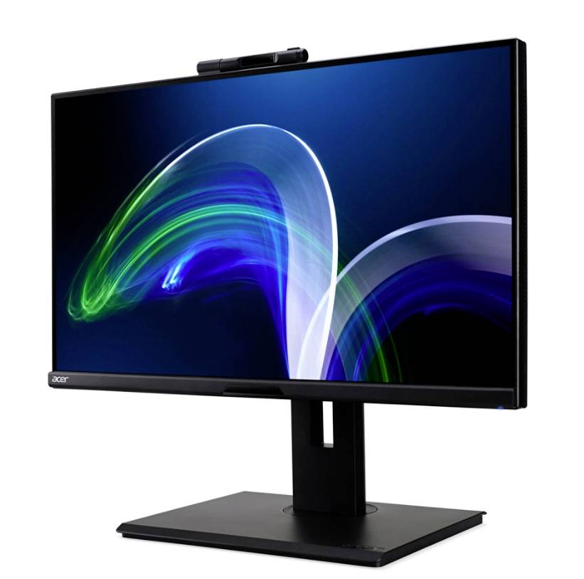 Moderní počítačový monitor s abstraktním, zářivým barevným designem na displeji, mírně nakloněný ze strany.