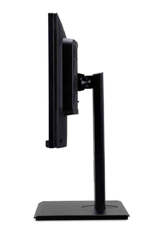 Boční pohled na černý počítačový monitor umístěný na stojanu. Monitor je tenký a má minimalistický design.