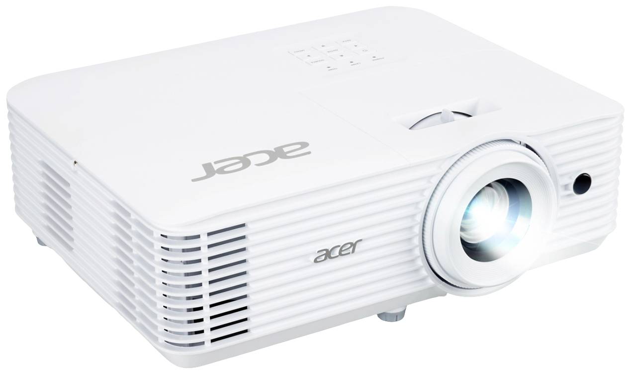 Bílý Acer projektor s osvětlenou čočkou, pohled zepředu a z boku.