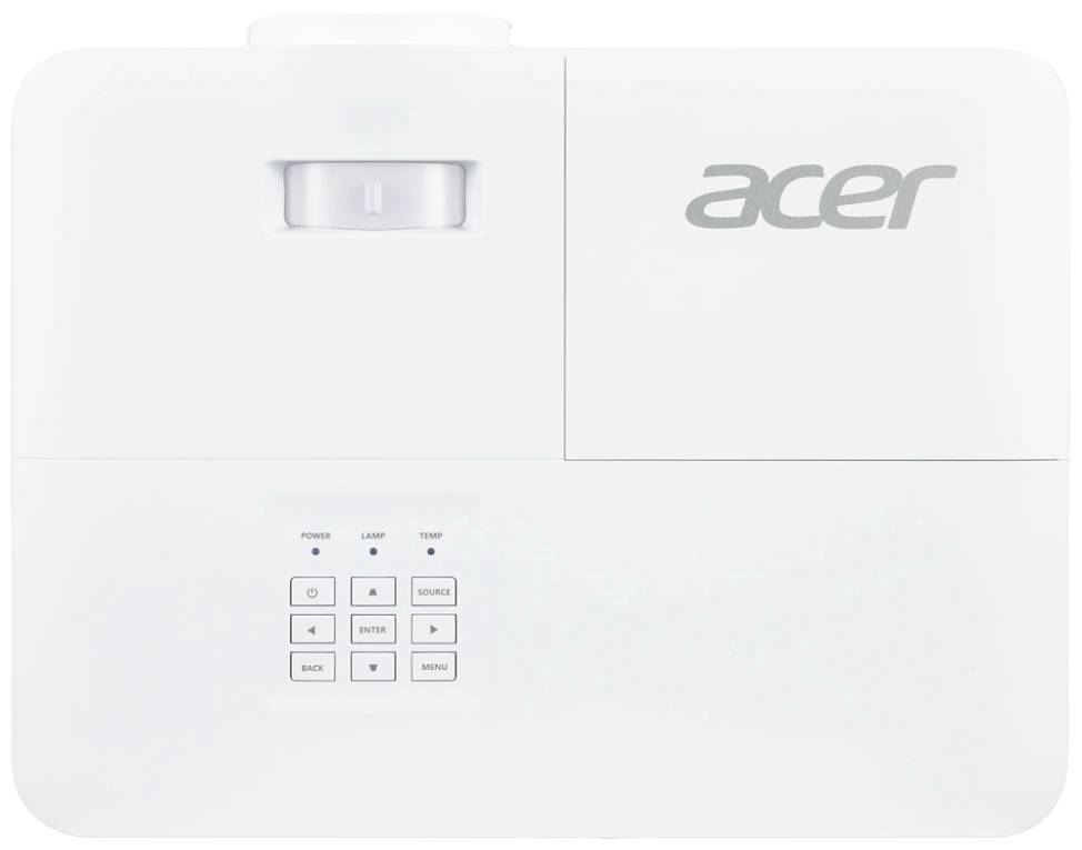 Bílý projektor Acer s tlačítky pro zapnutí, režim lampy a menu. Firemní logo v pravém horním rohu.