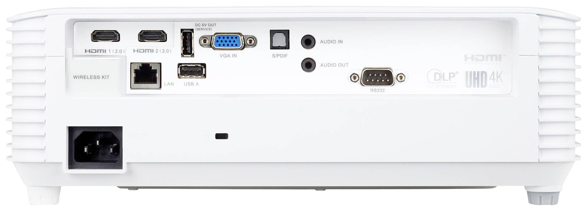 Zadní strana projektoru s různými konektory: HDMI, USB, VGA, AUDIO IN/OUT, RS-232C a napájecí konektor.