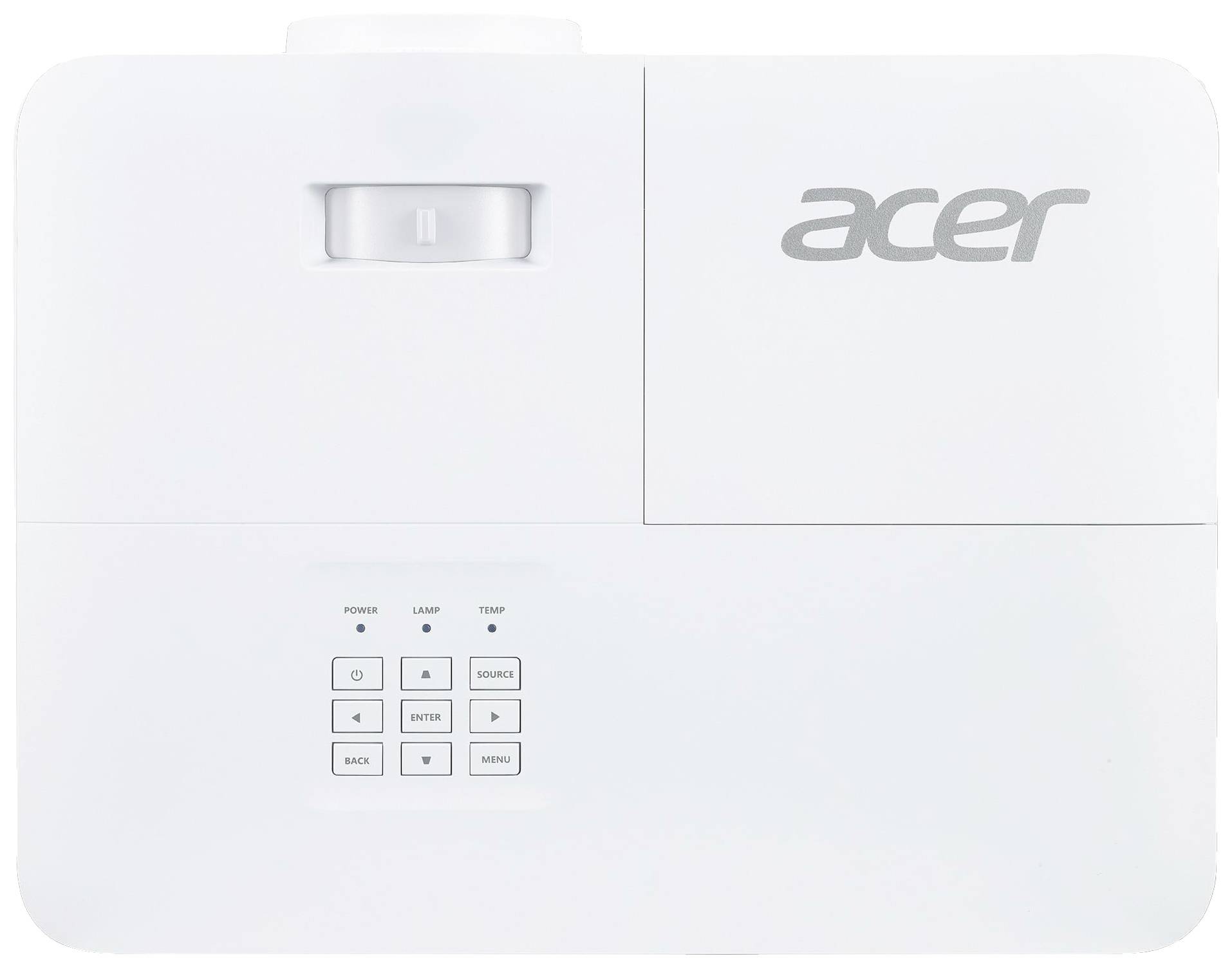 Bílý projektor značky Acer s ovládacím panelem pro ovládání napájení, lampy a teploty na horní straně.