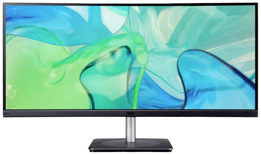 Širokoúhlý monitor s modro-zeleným pozadím, vhodný pro práci i zábavu.