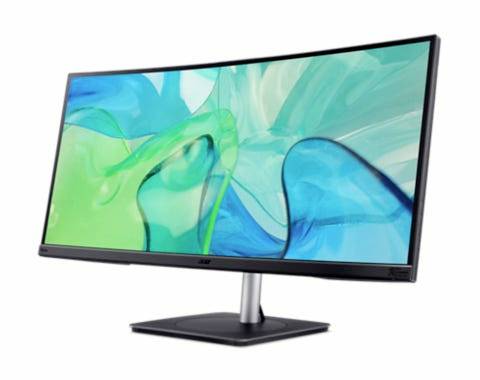 Zakřivený počítačový monitor zobrazuje abstraktní modrozelený design. Monitor je umístěn na černém stojanu.