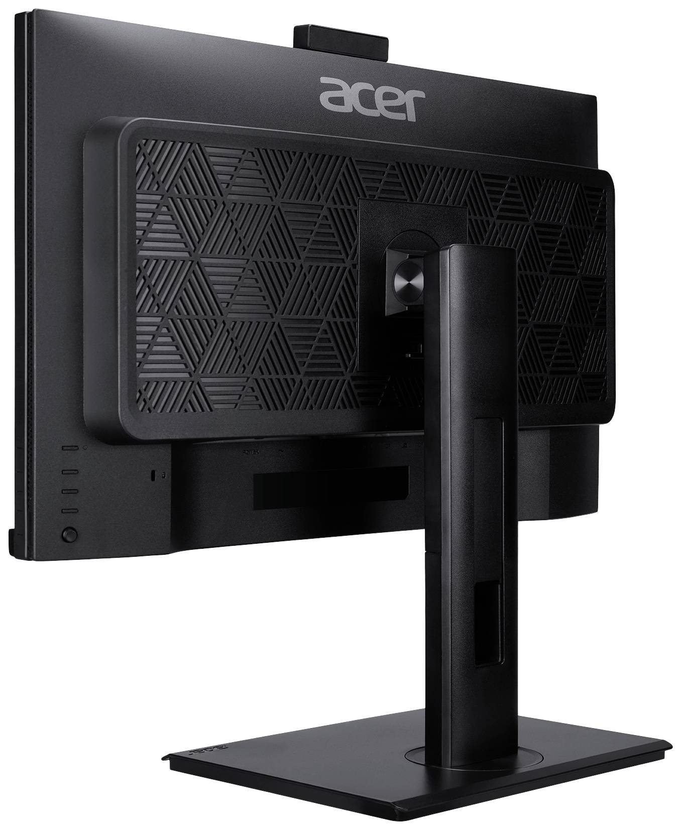 Zadní strana monitoru Acer s geometrickým vzorem a nastavitelným stojanem, boční pohled.