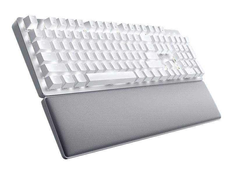 Bílá mechanická klávesnice s ergonomickou opěrkou zápěstí, pohled shora, před neutrálním pozadím.