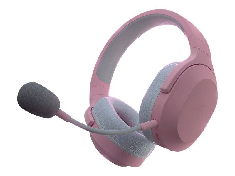 Růžové over-ear sluchátka s mikrofonem, vhodné pro hraní her nebo online schůzky.