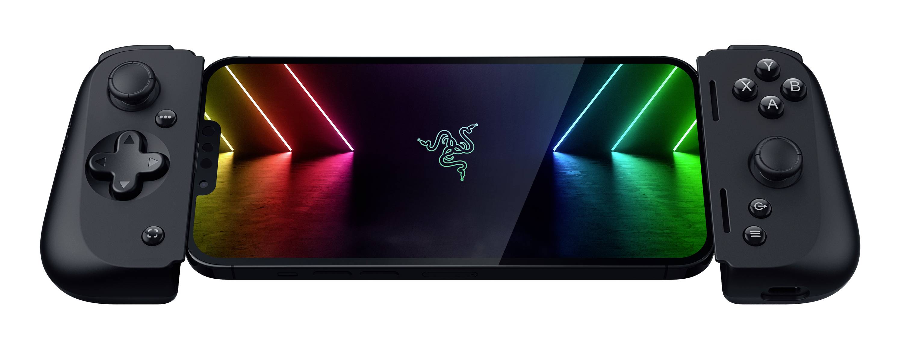 Smartphone s připojeným herním ovladačem zobrazuje logo na obrazovce. Pozadí s neonovými světly.