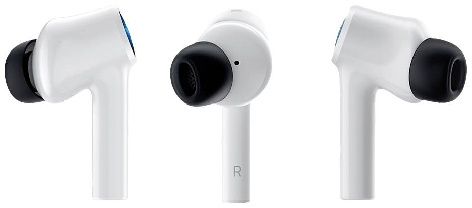Tři bezdrátové sluchátky v bílé barvě s černými špunty, zobrazené z boku. Dva jsou označeny písmenem 'R'.