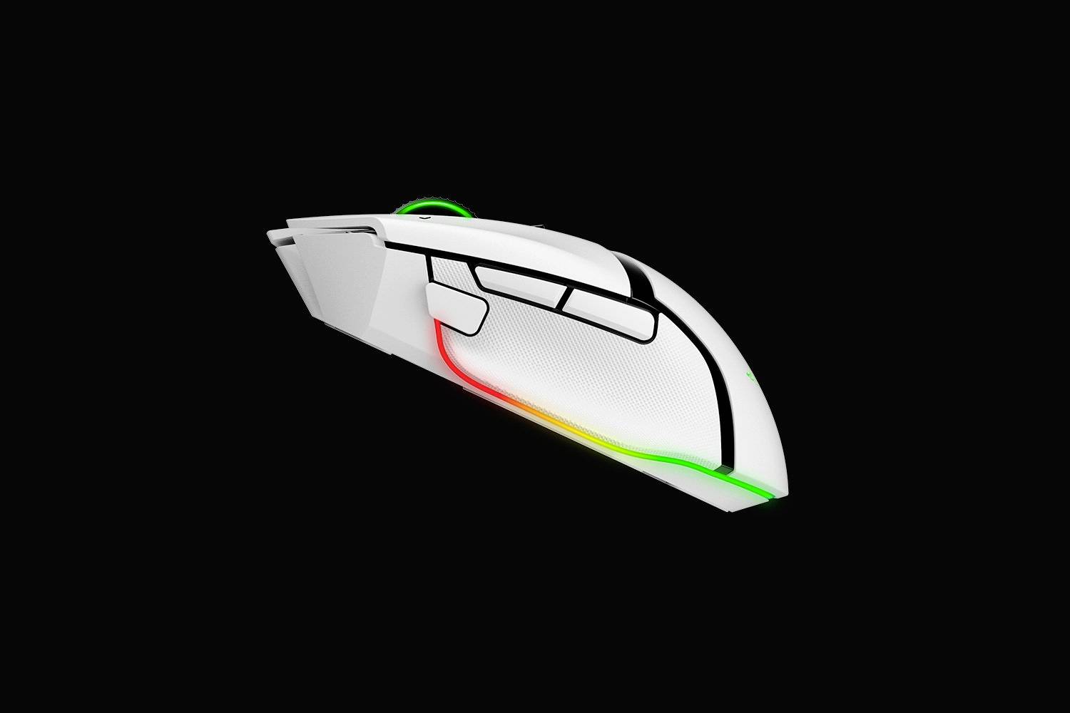Bílá herní myš s RGB podsvícením, které mění barvy od zelené po červenou. Má několik tlačítek a moderní design.